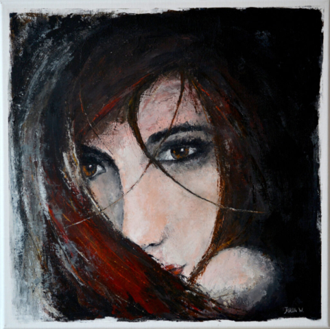 GINNY - Acryl auf Leinwand - 60x60cm - Das Portrait einer jungen Frau mit feuerrotem Haar hat etwas verführerisches, wie sie über ihre Schulter Blickt
