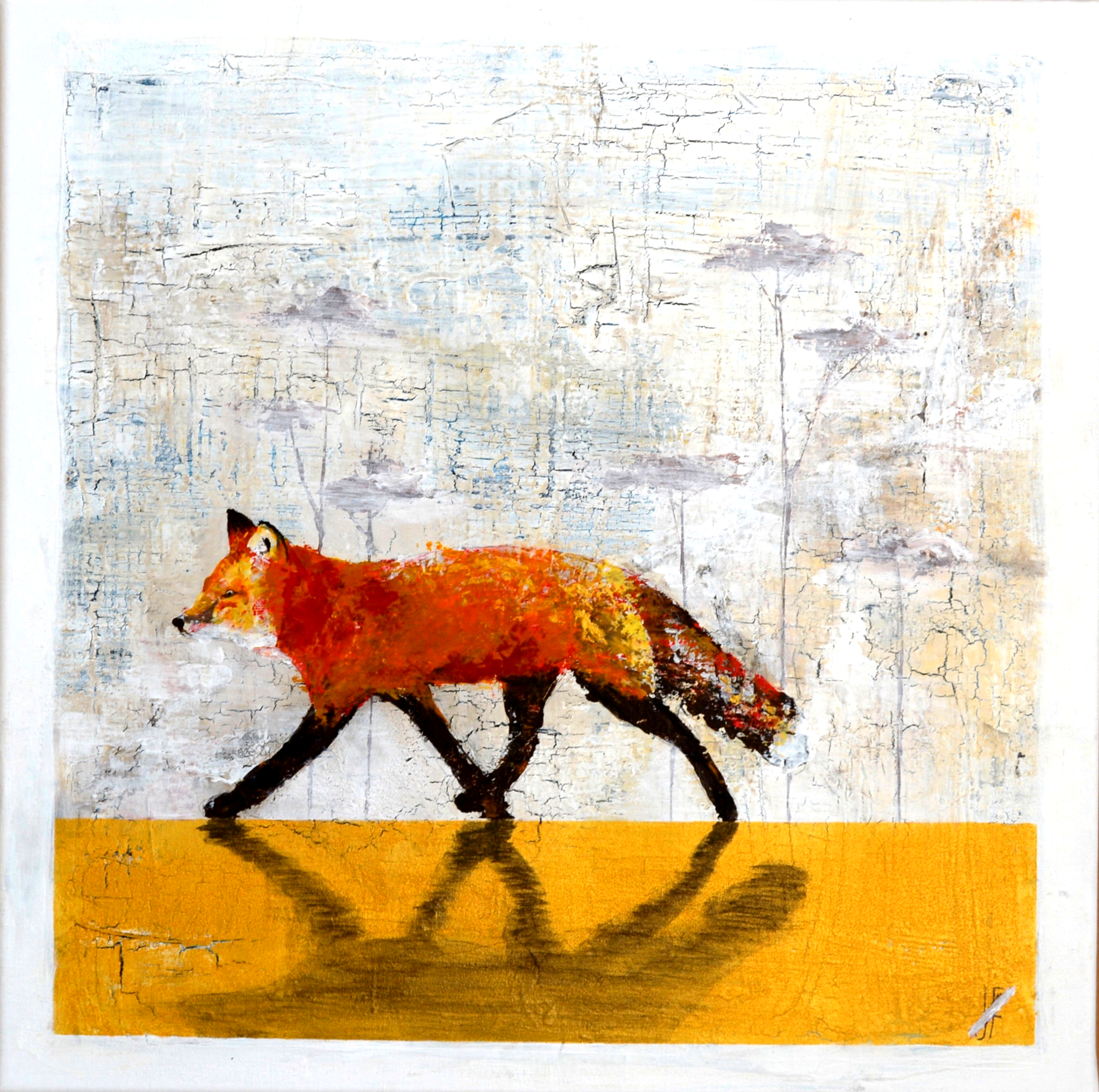FUCHS - Acryl auf Leinwand - 50x50cm - Dieses handgemalte Einzelstück zeigt einen roten Fuchs vor hellem abstraktem Hintergrund.
