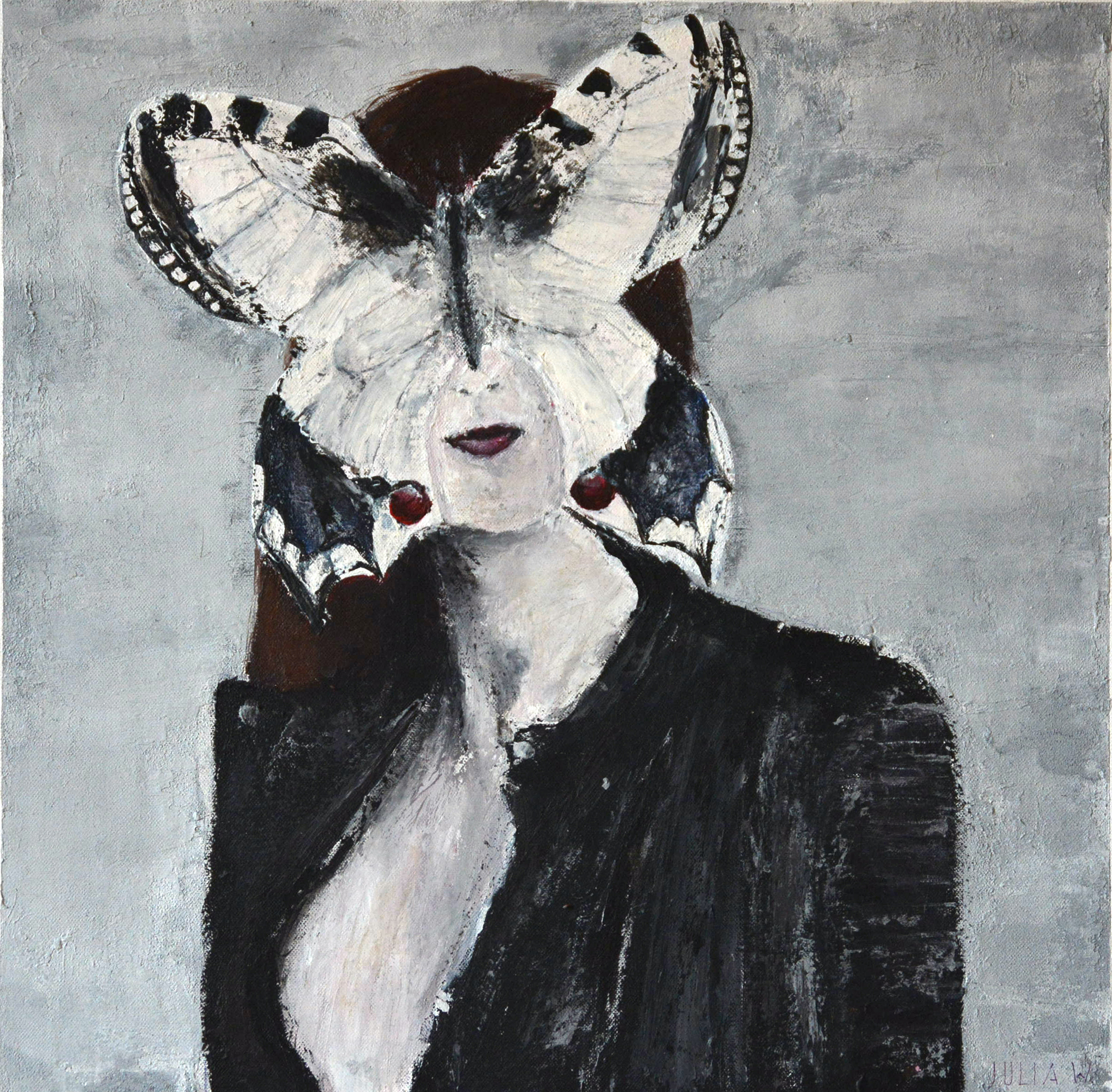 METAMORPHOSE - Acryl auf Leinwand - 50x50cm - ein Portrait einer jungen Frau mit einem surrealistisch großen Schmetterling vor ihrem Gesicht.