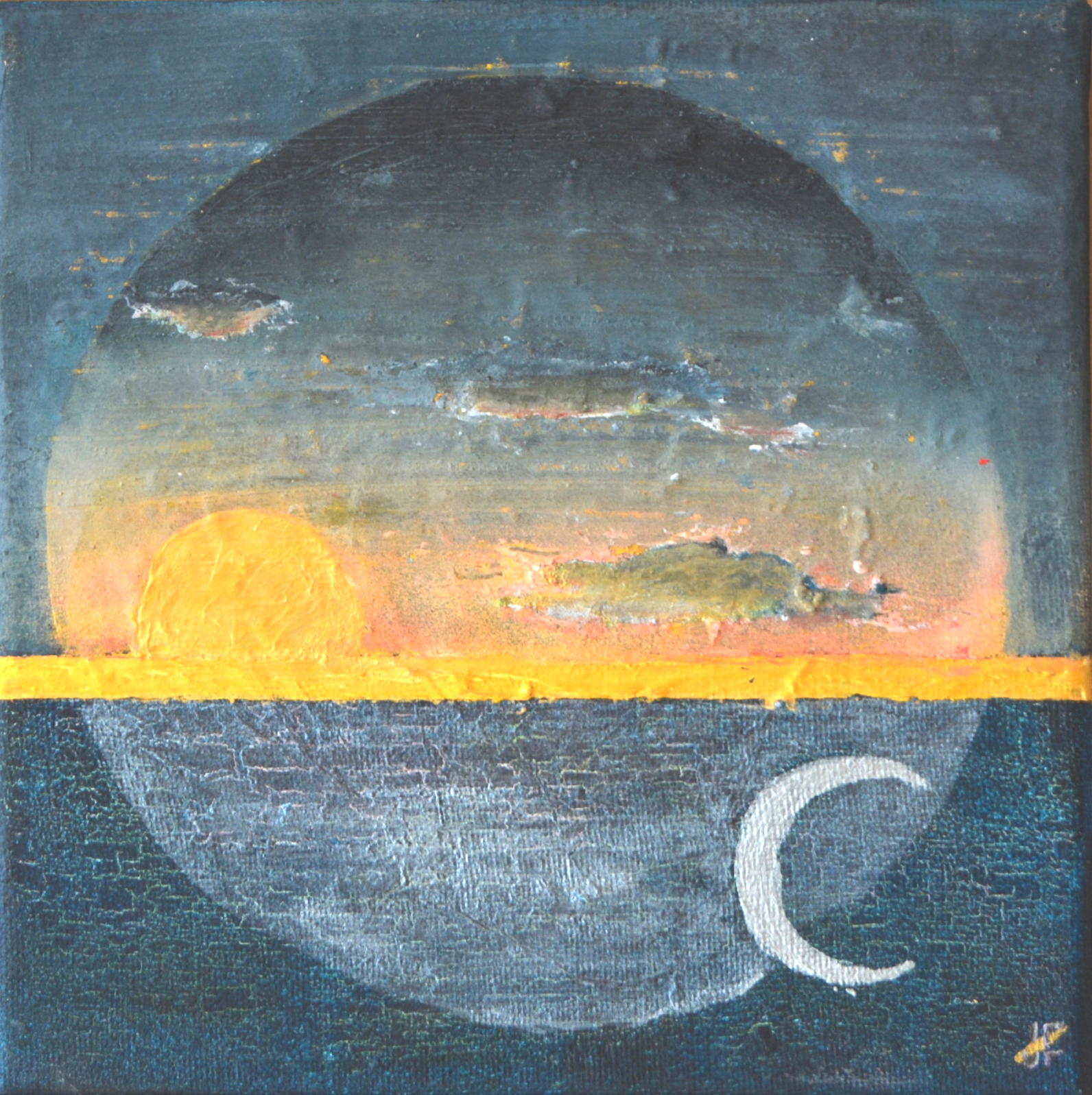 MUNTER UND MÜDE - Acryl auf Leinwand - 20x20cm - Abstrahiert zeigt dieses minimalistische Bild Sonne und Mond im ewigen Wechsel.