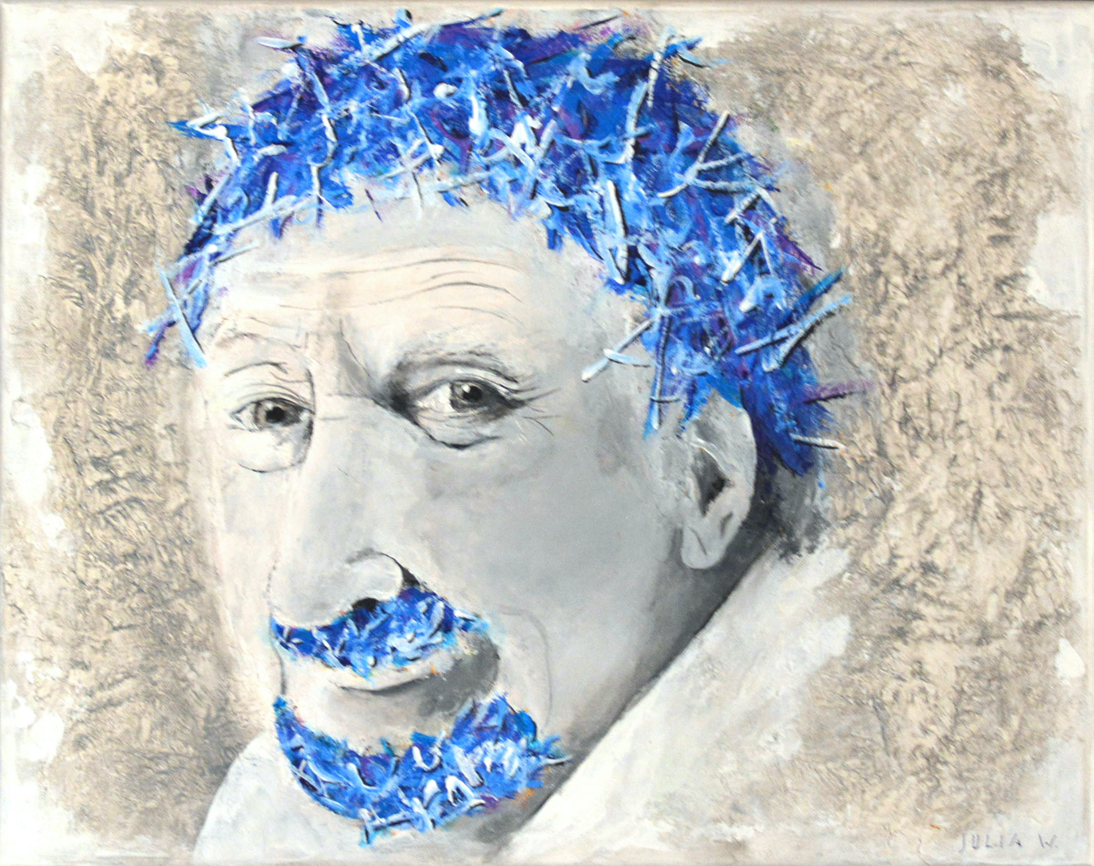 MEISTER - Acryl auf Leinwand - 50x40cm - Die blauen Haare des alten Mannes stechen zuerst ins Auge. Dahinter verbirgt sich das Portrait eines Künstlers.