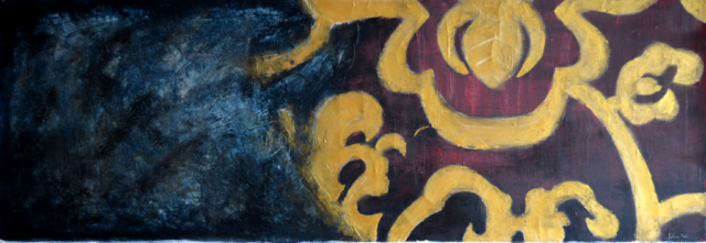 SCHATTEN UND SCHIMMER - Acryl auf Leinwand - 120x40cm - Auf diesem abstrakten Kunstwerk sieht man auf der einen Seite einen dunkelblauen Schatten und auf der anderen Seite ein wunderschönes goldenes Ornament vor dunkelrotem Hintergrund.