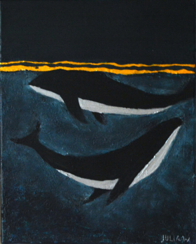 UNTERBEWUSST - Acryl auf Leinwand - 40x50cm -Abstrahiert zeigt dieses Original Kunstwerk zwei Wale im Ozean. auf der Wasseroberfläche spiegelt sich die goldene Sonne, während die Wale im dunklen Wasser silbern leuchten.