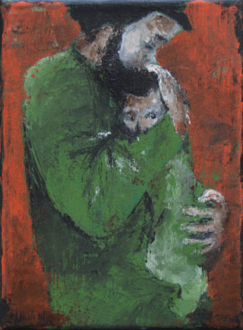 VATERLIEBE - Acryl auf Leinwand - 15x20cm - Diese Malerei in Orange und Grün zeigt einen Vater, der liebevoll sein junges Kind im Arm hält.